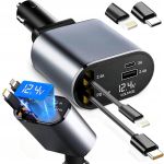 Autolaadija 120W 4in1 koos sisset&otilde;mmatavate kaablitega USB-C iOS-pistikuga, Automobilinis įkroviklis 120W 4in1 su i&scaron;traukiamais kabeliais USB-C iOS jungtis