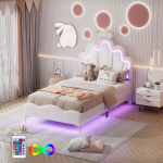 Voodi 90 x 200 cm, &Uuml;heinimesevoodi, Reguleeritav LED-meeleoluvalgustusriba, PU, ​​​​​​​​Valge