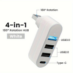 4-porti USB 3.0 ja 2.0 jaotur p&ouml;&ouml;ratava &uuml;hendusega, suure kiirusega andmeedastuse adapter, &uuml;hildub USB Type-C lauaarvutitega., Baltas