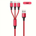 3-&uuml;hes Kiirlaadimiskaabel - Universaalne IPhone, T&uuml;&uuml;p-C, Micro USB Seadmetele, Raudona