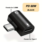 PD 60W 2-&uuml;hes USB-C k&otilde;rvaklapi ja kaabli adapter., Juoda
