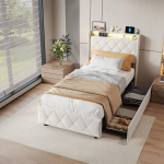 Voodi 90x200cm kahe sahtliga - LED-valgus ja USB-port - hoiustamisfunktsioon - samet - beež