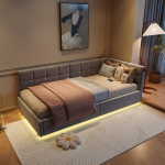 Polsterdatud laste- ja noorteklassi voodi 90 &times; 200 cm LED-valgustuse ja USB-pesaga, h&uuml;draulilise panipaigaga voodi, diivanvoodi / &uuml;heinimesevoodi / p&auml;evavoodi / k&uuml;lalistevoodi liistudega, samet