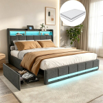 Voodi USB-laadimisjaamaga, LED-valgustusega, sahtlitega, madrats komplektis, 140&times;190cm, hall