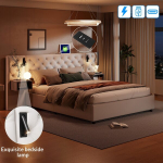Polsterdatud voodi 140 x 200 cm LED ja USB-ga, panipaigaga voodi peatsiga, liistudest raam, sametist voodiraam, kreemvalge