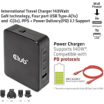 Toiteallikas Club3D Reiseladegerat 3xUSB Typ C 1xUSB Typ A PD 140W retail