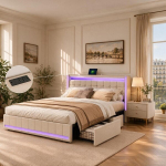 Kaheinimesevoodi, 140 x 200 cm, voodiraam LED ja USB-ga, 4 sahtli ja sektsiooniga peatsiga, liivakarva