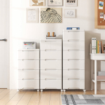 Rattaga hoiukapp, 6 sahtlit, 40x32x96 cm, valge