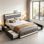 Kaheinimesevoodi, 180&times;200cm, LED-valgusti ja USB/C-pordiga, 4 sahtliga, hall, linane.