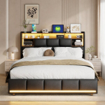 Voodi 160 &times; 200 cm, LED-valgustuse ja USB-liidesega, kaheinimesevoodi, panipaigaga peatsipea, must, PU