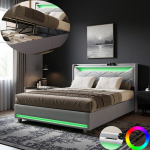 Voodi hoiukastiga 140x190 cm peatsiga, USB ja LED-iga, liistudega voodip&otilde;hi, kaheinimesevoodi 140x190 cm, linane kangas, hall