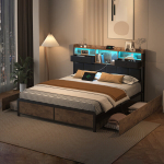 Kaheinimesevoodi 160x200 cm LED ja sahtlitega, hoiustamisvoodi restp&otilde;hjaga, metallraam, must nahk