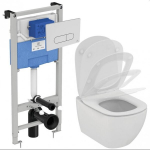 Seinale paigaldatav raamiga WC-pott Komplekti kuulub aeglaselt sulguva kaane ja varjatud s&uuml;steemiga Prosys 120M Ideal Standard Connect Air AquaBlade WC-pott, samuti valge tualettpoti nupp.