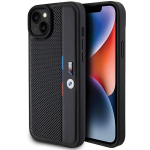BMW perforeritud Tricolor Line kate iPhone 15 Plus / 14 Plus - must