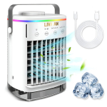 Kaasaskantav USB-toitega mini-&otilde;hujahutusventilaator LIVMAN CF-006, millel on 4 reguleeritavat kiirust, 2 jahutusrežiimi, 7-v&auml;rviline LED-&ouml;&ouml;valgus, taimer ja 700ml veepaak