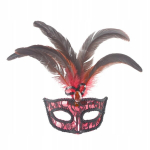 Dekoratiivne silmamask sulgedega s&auml;deleva karnevali kost&uuml;&uuml;mi punane