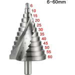 HSS astmepuur, 6-60 mm, spiraal, kooniline soon, s&uuml;vistus, 12 astet, kruvikeerajaga terase, messingi, puidu, plasti jne puurimiseks.