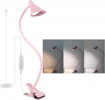 Qooltek lugemislamp 3 v&auml;rvirežiimiga, 10 heleduse astmega, klambriga lamp lauale, voodi k&otilde;rvale, 5 W Usb toitega laualamp painduva varrega, roosad Led-klambriga valgustid