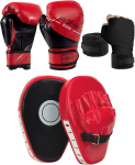 Mamxwaga 6 oz laste poksikindad ja poksipadjandite komplekt, pu k&auml;epadjad poksipadjad kindad koos poksisidemega, l&ouml;&ouml;gipadi juunioride v&otilde;itluskunstidele, kickboxing, muay thai kickboxingu treeninguteks