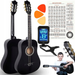 Klassikaline akustiline kitarr algajatele, &otilde;ppekomplekt koos h&auml;&auml;lestaja ja plektrumidega