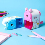 Meet-shop pliiatsiteritaja, 2 tk, manuaalne teritaja, multifilmikujuline k&auml;eshoitav teritaja konteineriga lastele, lauale, koju, kooli, kontorisse, tarne, kingitus (sinine + roosa)