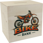 Puidust motokrossi mootorratta hoiup&otilde;rsas, millel on kiri "bike bank"