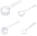 4 m&otilde;&otilde;telusika komplekt, m&otilde;&otilde;telusikad, gramm, valgu lehter doseerimisabi, pulbri k&uuml;hvel, l&auml;bipaistev pesupulbri dosaator, m&otilde;&otilde;tevahend, doseerimislusikast, v&auml;ike portsjonijaotur, 1 g, 3 g, 5