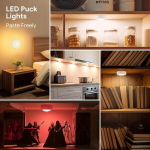 Yiliaw Led Puck valgustid koos kaugjuhtimispuldiga, t&ouml;&ouml;tavad Aa patareidega, 12 v&auml;rvi kapi valgustus, seadme alused valgustid, survevalgustid, kapi alune valgustus k&ouml;&ouml;gile, 6 tk pakis, must