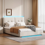 Voodi 140*200cm, LED-valgustusega peatsis ja jalutsis, kaheinimesevoodi, peatsi m&otilde;lemal k&uuml;ljel riidest taskud, beež v&auml;rv, samet