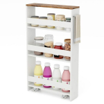 Hoiuk&auml;ru, 4-korruseline &otilde;hukese disainiga hoiuk&auml;ru avatud riiulite ja ratastega, 47x13x80 cm, valge ja naturaalne