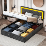 160x200cm &otilde;hkpadjavoodi LED-tuledega, h&uuml;draulilise hoiuruumiga, must samet