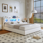 Kaheinimesevoodi, 140 x 200 cm, USB-laadimisega, LED-valgustusega, valge, PU
