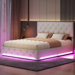 Voodi 140 x 200 cm, LED-valgustusega, k&otilde;rgusega reguleeritava peatsiga, beež