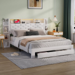 Kaheinimesevoodi, 140x200 cm, kahe sahtliga, LED ja USB, valge, samet