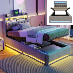 Voodi 90x200cm - LED ja USB - Hoiuruum - Samet - Hall