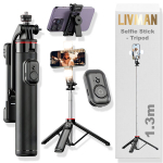 LIVMAN C13d - multifunktsionaalne selfipulk ja statiiv puldi ja LED-valgustusega, 1,3m