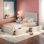 Lastevoodi 90 x 200 cm, liistudest raami ja 2 sahtliga, sametkangas, beež