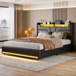 Polsterdatud kaheinimesevoodi LED-valgustusega, USB-laadimisfunktsioon, restraamiga, kaasaegne stiil, 140x190 cm, must PU-nahk, ilma madratsita