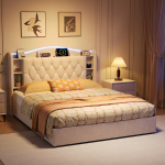 Kaheinimesevoodi, 140 x 190 cm, RGB LED-valgustusega, USB Type-C, beež, samet