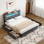 Kaheinimesevoodi 160x200cm LED- ja USB-portidega - 4 sahtliga - samet - hall