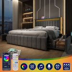 Kaheinimesevoodi LED-valgustiga, USB-C ja 4 sahtliga, 140x200 cm, hall, ilma madratsita (1 tk)