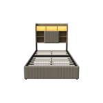 Pehme &uuml;heinimesevoodi 90x200 LED ja USB-C-ga &ndash; beež voodi sahtlite ja riiulitega peatsiga