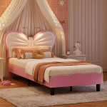 Lastevoodi LED-valgustusega, liblikakujulise reguleeritava peatsiga, sametist ja kunstnahast, 90x190cm, roosa, ilma madratsita