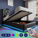 &Uuml;heinimese pehme voodi 90x200 LED-i, USB-C ja h&uuml;draulilise hoiukastiga must