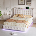 Voodi 140x200cm LED- ja USB-portidega - Ujuv voodiraam - Samet - Beež