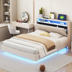 Polsterdatud voodi 140x200 cm USB-&uuml;hendusega, LED-valgustusega, p&ouml;&ouml;ratava peatsiga, kaheinimesevoodi, linane kangas, beež v&auml;rv