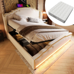 Polsterdatud voodi 140x200cm h&uuml;draulilise sahtli, LED ja USB-C-ga, sametist, madratsiga