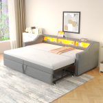 V&auml;ljat&otilde;mmatav polsterdatud voodi 90/180x200 cm, sahtlid, LED, USB, liistudest alusega, helehall