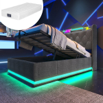 Pehme voodi 90x200 cm 360&deg; LED-valgustusega, USB-C h&uuml;draulilise hoiukastiga, hall, madratsiga 1 tk