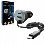 Autolaadija 65W USB-A 2xUSB-C QC3.0 PD kaabliga, Automobilinis įkroviklis 65W USB-A 2xUSB-C QC3.0 PD su kabeliu